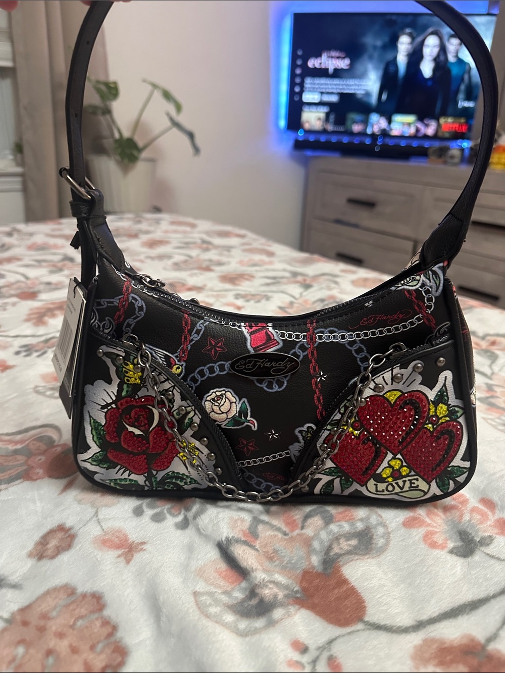 Ed Hardy Black Shoulder Bag with Red Rose and Heart Tattoo Prints